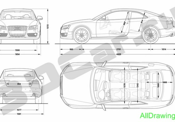 Audi A5 (2008) (Ауди А5 (2008)) - чертежи (рисунки) автомобиля